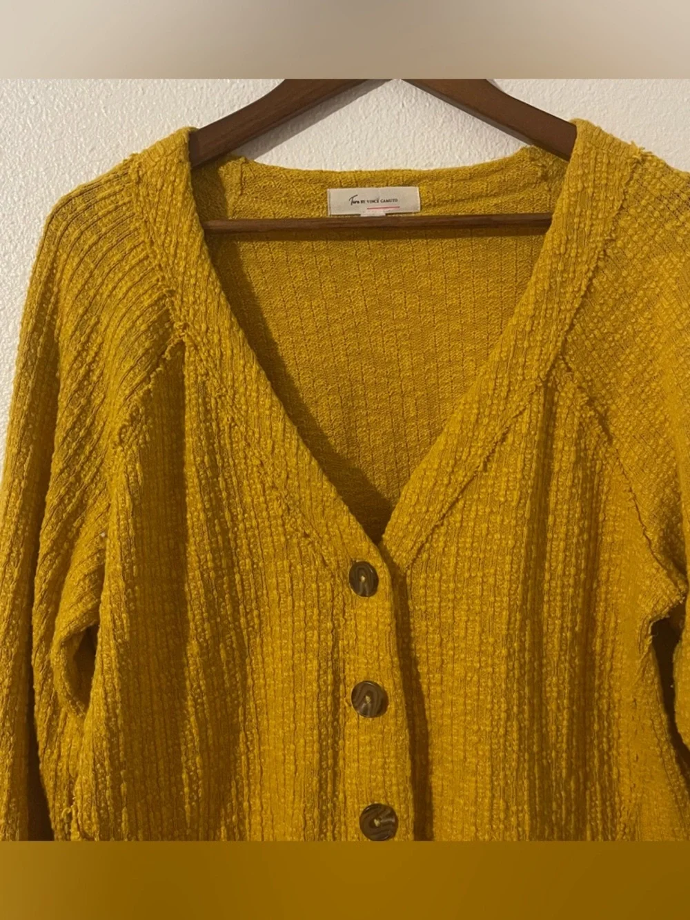 Two by Vince Camuto Large Mustard Textured cotton blend button-up cardigan